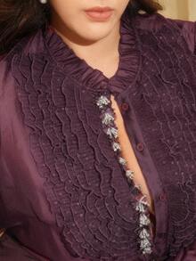 Anewsta Plus Size Women's Ruffled Collar Lace 3D Flower Blouse, Suitable For Christmas, New Year Party, Spring & Autumn - Purple - View 7