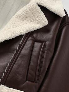 SHEIN Tween Girl Casual Street Chic Motorcycle Collar Metal Zipper Closure PU Lined Fleece Composite Fleece Short Long Sleeve Lapel Patchwork Faux Fur Jacket Coat, In Fall/Winter Girl Sweater Jacket Brown Jacket Teen Girls Teen Girl Zip Up Sweater Tween Crop Jacket Tween Plush Jacket - Brown - View 9