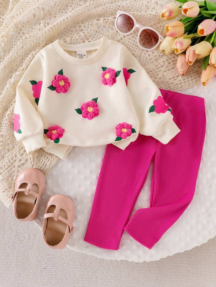 SHEIN Playful Pals Baby Girls Casual Cute Sweatshirt Set, 3D Crochet Floral Print Pullover Top And Knit Leggings, Autumn Fall Winter - Apricot - View 1