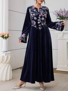 Al Najma Velvet Patchwork Mesh Embroidered Blue Elegant Dress - Multicolor - View 4