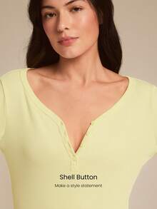 GLOWMODE Modal Ribbed Cozy Confidence Soft Stretchy Breathable Distressed Curved Neckline Buttons Hip Length Long Sleeve Top  Daily Casual Wear Spring Summer - Yellow - View 3