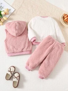 3 件套女婴服装套装：连帽羊毛夹克、心形印花撞色圆领长袖上衣和松紧腰裤 - 彩色 - 查看 2