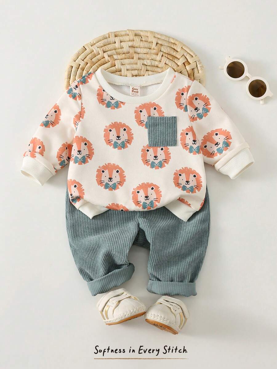 Cozy Pixies 2pcs Baby Boy Cartoon Animal Print Knit Soft Crew Neck Long Sleeve Pullover Sweatshirt And Elastic Waist Pants Set