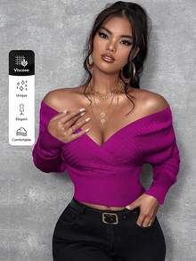 SHEIN SXY 大码女式秋冬舒适休闲露肩交叉领紧身腰毛衣，适合性感妩媚的职场女性、舞会、情人节、邮轮旅行、通勤、商务场合穿着。 - 紫色 - 查看 3