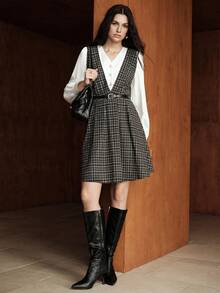 Zovinel 法式复古格纹V领撞色白领长袖两用中长连衣裙，配腰带，女士，秋冬款 - 黑與白 - 查看 5