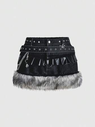 Grunge Punk Grunge-Punk Y2K Vintage Patchwork Faux Fur PU Metal Spider Skull Pendant Super Short Denim Mini Skirt, Plus Size Kpop Denim Skirt
