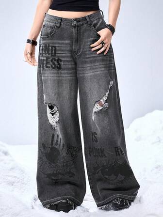 Grunge Punk Jeans de pierna ancha con estampado de ojo y estrella de mano, estilo streetwear punk Y2K para mujeres