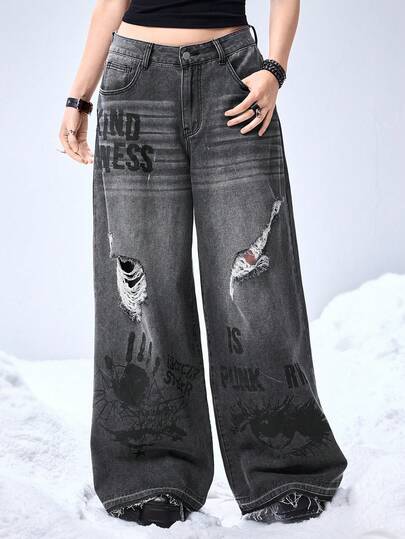 Grunge Punk Jeans à jambes larges surdimensionnés avec imprimé de main de graffiti œil et étoile, style streetwear punk Y2K pour femmes