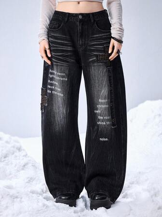 Grunge Punk Jeans évasés américains pour femmes avec imprimé croix et lettres, style rétro Y2K Millennium Baddie