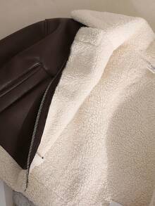 SHEIN Tween Girl Casual Street Chic Motorcycle Collar Metal Zipper Closure PU Lined Fleece Composite Fleece Short Long Sleeve Lapel Patchwork Faux Fur Jacket Coat, In Fall/Winter Girl Sweater Jacket Brown Jacket Teen Girls Teen Girl Zip Up Sweater Tween Crop Jacket Tween Plush Jacket - Brown - View 10