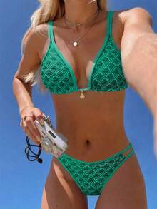 Swim Mod 2026春夏2件套女士新款可调节肩带蓝色花卉随机印花金色圆盘装饰性感高腰侧边度假比基尼套装 - 綠色 - 查看 1