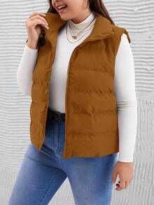 SHEIN LUNE Áo khoác vest thường ngày màu trơn có khóa kéo phía trước cỡ lớn dành cho nữ, mùa đông - Màu Khaki - Xem 5