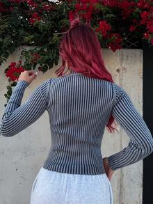 Bearsaez Ribbed High Neck Zip Up Cardigan Spring Casual Y2k 90's Stripe Cute Airport Holiday Summer Vacation Fall Back To School Autumn Winter Everyday Christmas Work Office - Dark Grey - View 2