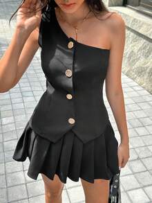 Chiquease مجموعة من 2 قطعة: سترة كتف غير متماثلة وتنورة مطوية