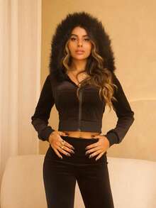 Rayane Ketlyn Y2K Gyaru Baddie Velvet Cropped Hoodie And Low Rise Flare Pants Set For Women - Black - View 5
