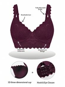 SHEIN Women Sexy Elegant Solid Color Floral Lace Scallop Trim Push Up Underwire Instantlift Bra Lingerie - Purple - View 6