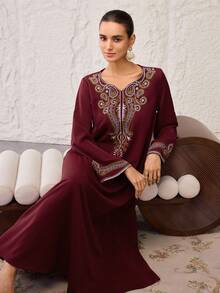 SHEIN Najma Váy dự tiệc tay loe thêu họa tiết Ả Rập thanh lịch dành cho nữ - Màu Đỏ Sâu - Xem 7