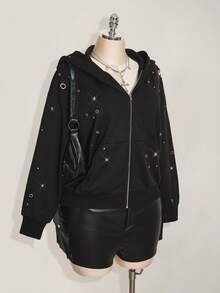 SHEIN ICON Sudadera con capucha casual con decoración de metal para tallas grandes, otoño/invierno - Negro - Ver 1