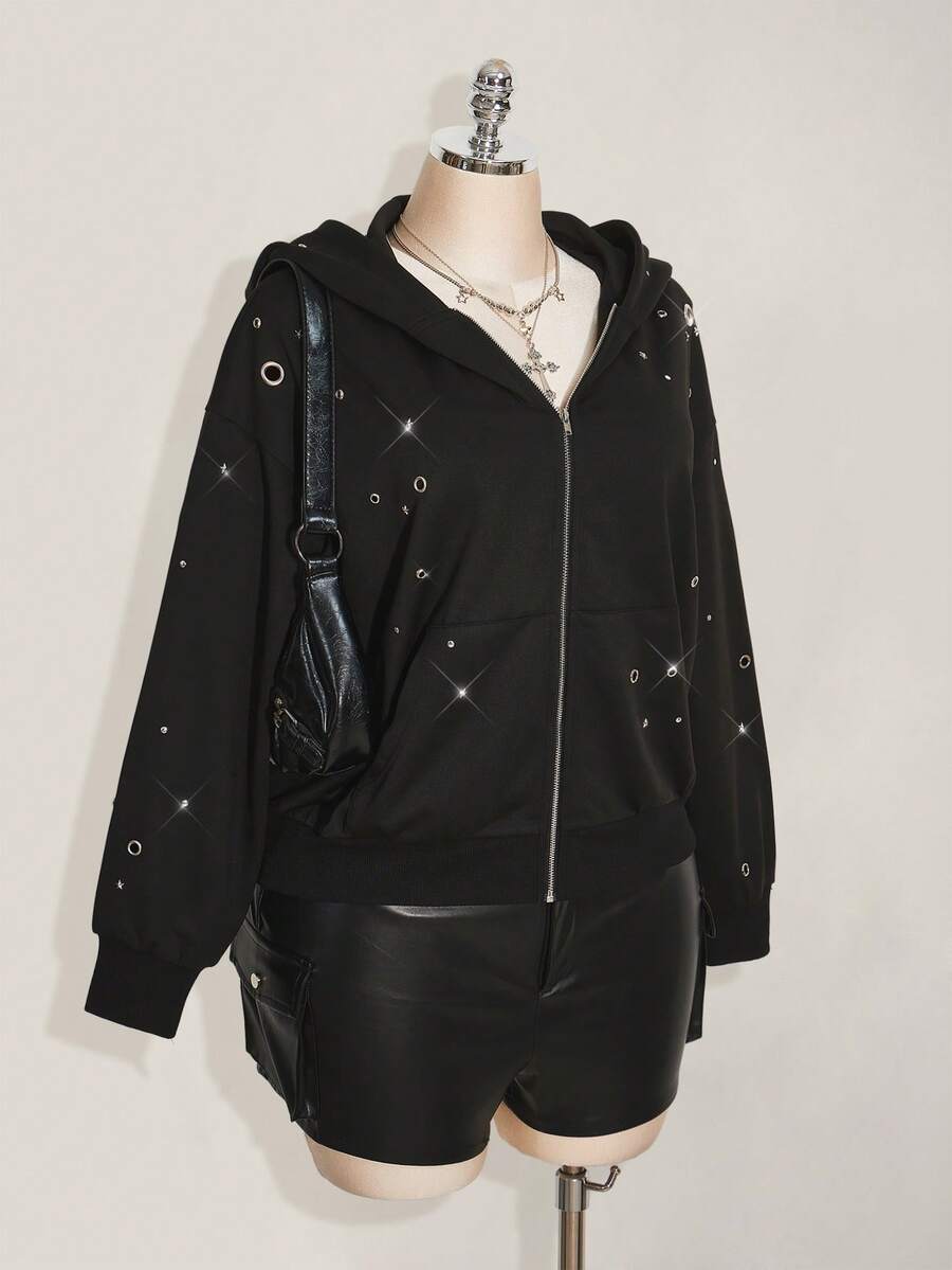 SHEIN ICON Sudadera con capucha casual con decoración de metal para tallas grandes, otoño/invierno - Negro - Ver 1