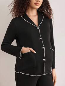 Moonlight&Mama 舒适波浪荷叶边黑色弹力简约翻领长袖上衣和裤子睡衣套装，适合秋季、秋冬季穿着的舒适孕妇睡衣套装 - 黑色 - 查看 6