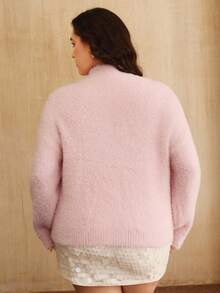 Anewsta Elegante y lujoso suéter de cuello alto de terciopelo con flores y corazones de strass, estilo francés, talla grande, adecuado para otoño, invierno, fiestas y Navidad - Rosa - Ver 2