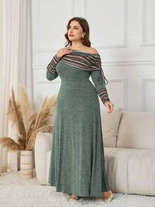 Lacomfia Plus Size Women Oblique Shoulder Long Sleeve Colorful Striped Patchwork Ruched Waist A-Line Dress