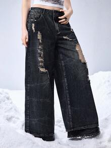 ROMWE Grunge Punk Relaxed Fit Grunge Vintage Distressed Design Oversized Skull Print Women Jeans - Blue - View 5
