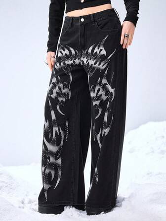 Grunge Punk Jeans de pierna ancha con ajuste holgado, con patrón irregular y adornos de strass, estilo chic de ropa de calle Y2K para mujeres