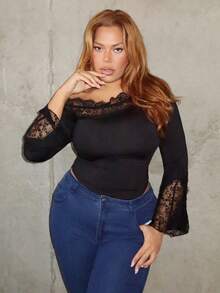 MelDlgn 大码女式蕾丝拼接不对称露肩长袖紧身衣，适合约会、圣诞节、情人节 - 黑色 - 查看 1