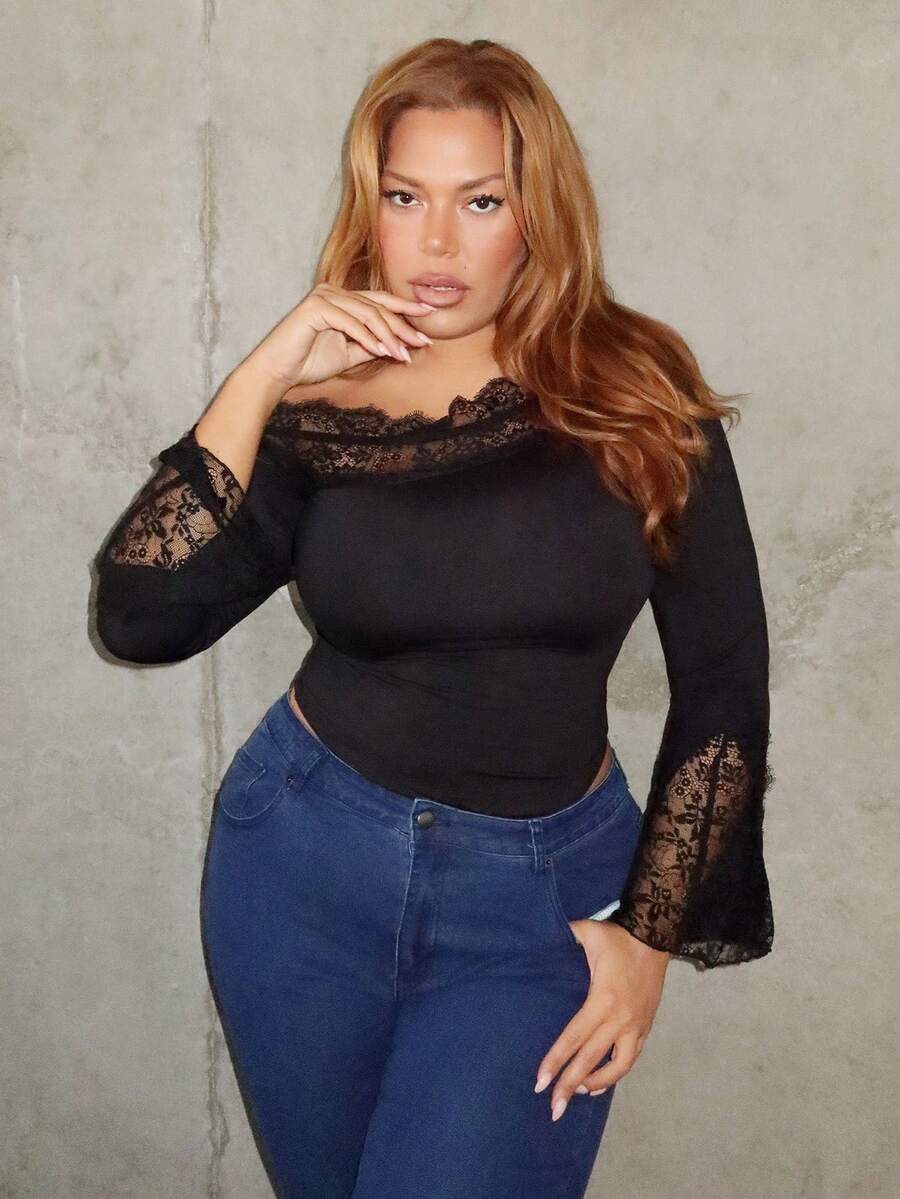 MelDlgn 大码女式蕾丝拼接不对称露肩长袖紧身衣，适合约会、圣诞节、情人节 - 黑色 - 查看 1