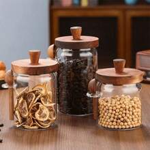1pc Glass Coffee Canister With Wooden Lid & Spoon Set, Air-Tight Food Storage Jars For Kitchen Organization - Provided In 3 Sizes