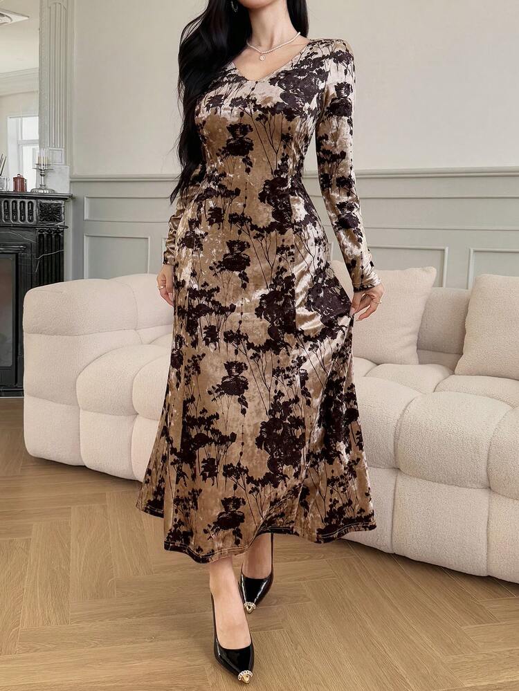 Women's Minimalist Print Long Sleeve Mid-Length Dress