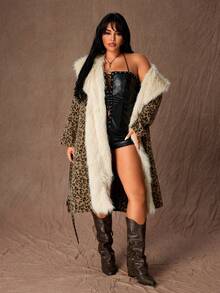 Rustia Plus Size Leopard Print Wool Blend Coat With Faux Fur Collar, Mid-Length, Winter - Brown - View 1