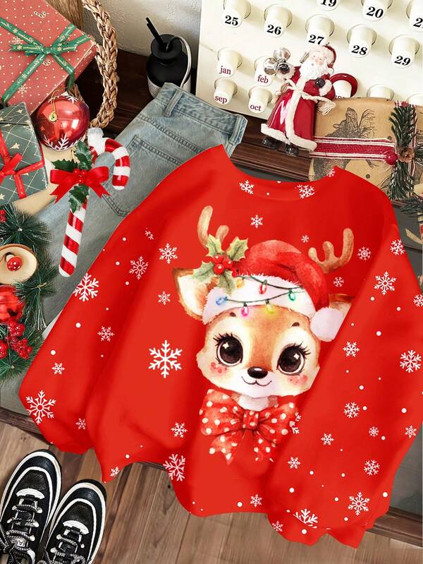 Suéter holgado de cuello redondo de manga larga cómodo para niña preadolescente, adecuado para otoño/invierno, atuendo para fiesta de Navidad. Incluye estampados vintage lindos de renos navideños, copos de nieve degradados, estilo retro Fair Isle, temporada acogedora, dopamina, renos navideños, edición limitada navideña, Navidad retro linda y cálida, Nochebuena.