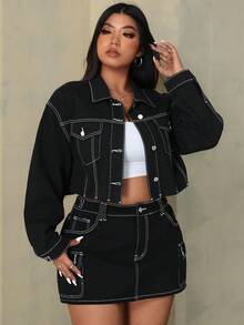 SHEIN ICON Plus Size Women's Spring Autumn Drop Shoulder Loose Casual Denim Jacket - Black - View 9