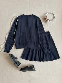 PrepCrw 2 件套青少年女孩优雅都市狗图案圆领海军蓝罗纹长袖开衫和裙子套装，适合休闲外出、聚会、节日、派对、秋冬季 - 藏蓝色 - 查看 2