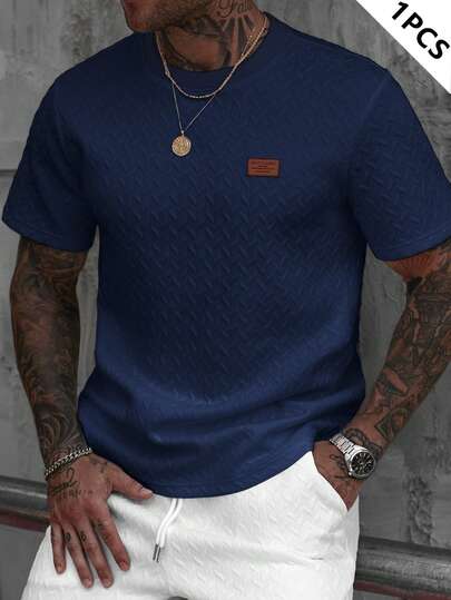 Manfinity CasualCool 男士夏季提花罗纹领短袖T恤，送给男友或老公的精美礼物，非常适合夏季日常休闲穿着，也适合海边度假，时尚百搭的藏蓝色T恤，男士夏季休闲上衣，男士藏蓝色