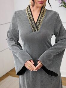 Al Najma Women's Elegant Arabic Style V-Neck Long Sleeve Dress With Ribbon Trim Abaya For Women Dubai Abayas Dubai Luxury Modest Blouse Grey Blouse Bell Sleeves Grey Abaya Modest Abaya - Gold - View 1
