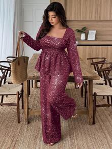 SHEIN LUNE 2pcs Set Square Neck Ruffle Hem Faux Foil Print Outfit - Burgundy - View 4