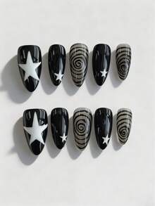ROMWE Goth 10 Móng Tay Giả Phong Cách Punk Chất Lượng Cao Được Vẽ Tay + 3 Miếng Băng Dính Hai Mặt, Hình Tròn Sao Y 2 K, Móng Tay Giả Hình Hạnh Nhân Cỡ Trung Bình Có Thể Tháo Rời, Có Thể Tái Sử Dụng, Phù Hợp Cho Bốn Mùa, Sử Dụng Hàng Ngày, Hẹn Hò, Dự Tiệc. - Nhiều màu - Xem 1