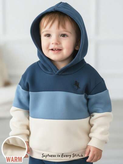 Cozy Pixies Sudadera de cuello redondo de manga larga con patrón de caballo de dibujos animados y contraste de color suave de punto para bebé niño, bordado de caballo, forro térmico, sudadera con capucha, adecuada para bebé niño en invierno tanto para exteriores como interiores