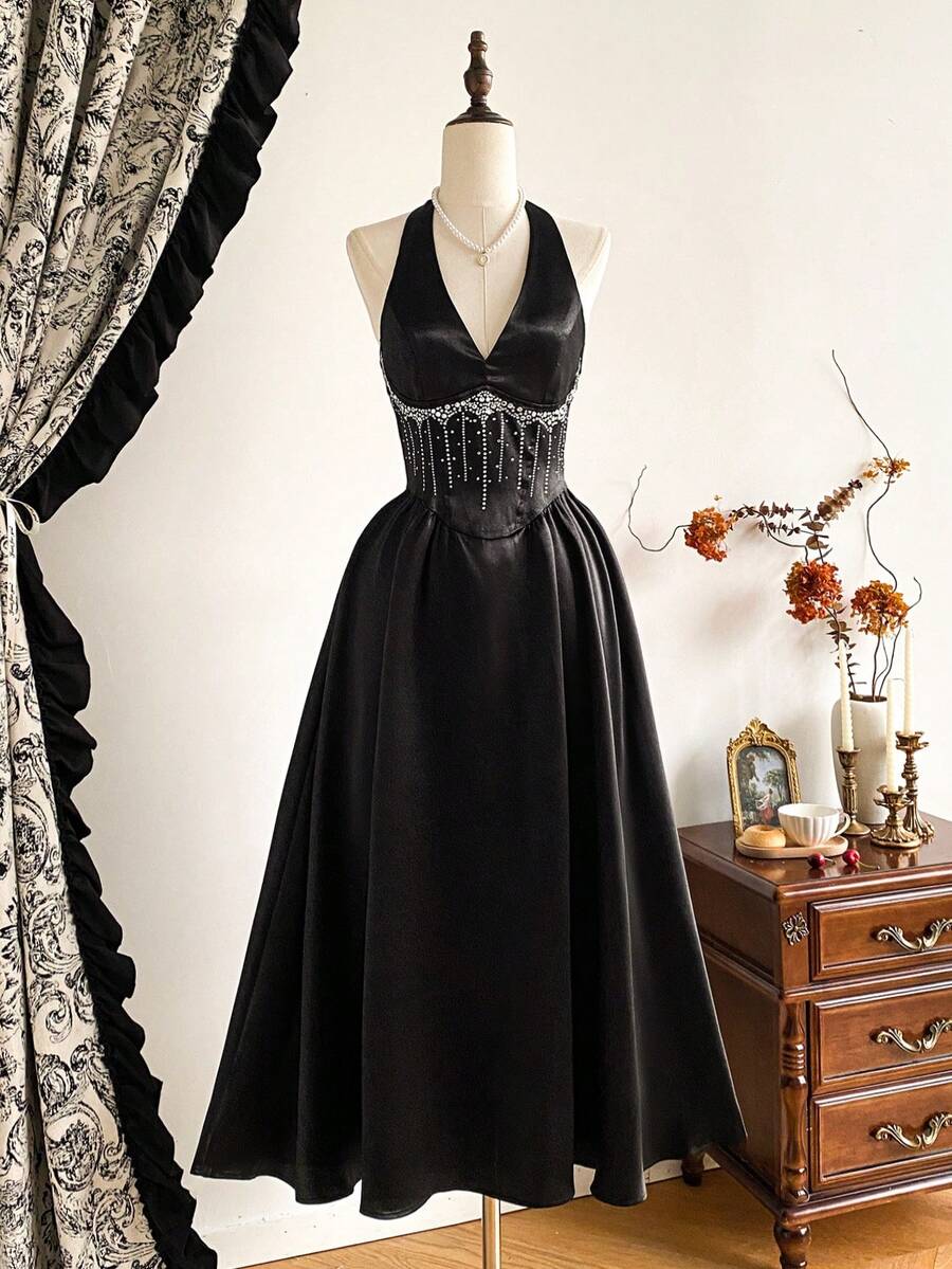 Vintamour 复古优雅女士黑色连衣裙，饰有水钻缎面抹胸，露背领口，系带蝴蝶结，适合派对、节日、生日、圣诞节、新年等场合。优雅女士连衣裙，派对优雅连衣裙，黑色正式连衣裙，黑色连衣裙，经典优雅复古连衣裙，黑色舞会礼服，情人节冬季连衣裙，女士冬季服装，女士冬季连衣裙，女士夏季服装，女士圣诞节服装，圣诞连衣裙