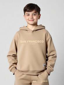 两件套儿童/青少年男童休闲日常舒适印花连帽卫衣和宽松运动裤套装 - 卡其色 - 查看 3