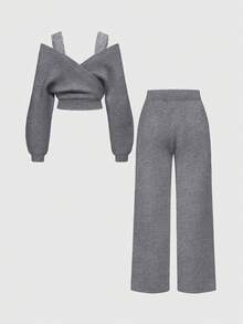 ROMWE Kawaii 1 Set Women Shoulder Strap V-Neck Lace Strap Loose Wide-Leg Pants Comfortable Home Sweater Two Pieces Set