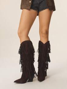 Styleloop 女士过膝编织靴，适合波西米亚风、西部风、音乐节、万圣节、圣诞节、感恩节、新年派对等场合的着装。 - 鏽棕色 - 查看 2