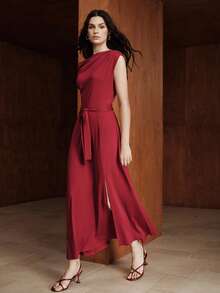 Uhlyne Women's Elegant High-Quality Burgundy Luxurious Chic Asymmetrical Shoulder Slit Fitted Slim Long Formal Dress For Party And Date - Burgundy - View 5