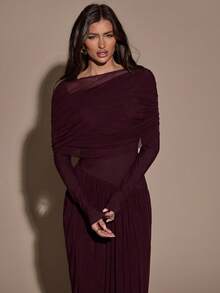 SHEIN BAE Đầm dài tay xếp ly màu trơn thanh lịch dành cho nữ - Màu tím - Xem 7