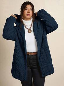 Freevana Plus Size Casual Solid Color Reversible Zip-Up Hooded Fleece Jacket, Autumn/Winter - Blue - View 3