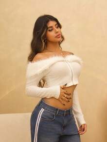 Rayane Ketlyn 秋冬露肩毛绒短款粉色夹克 - 白色 - 查看 5