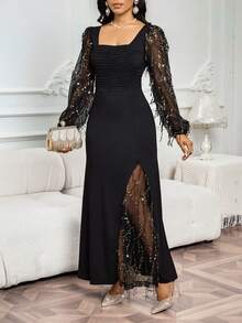 SHEIN Lady Đầm dự tiệc bodycon tay dài đính tua rua sequin dành cho nữ - Đen và vàng - Xem 4